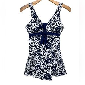 Wantdo Navy White Floral One Piece Swim Dress Womens Size 10